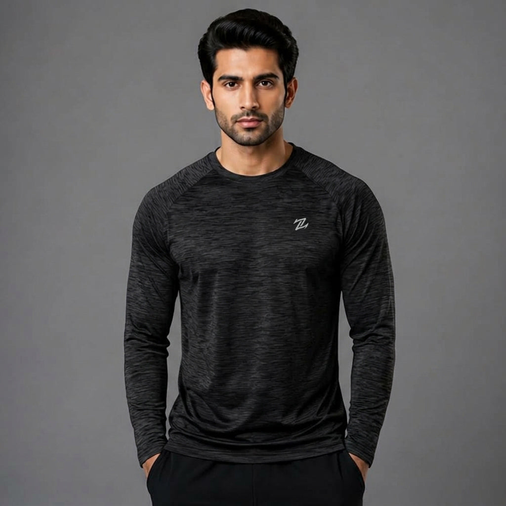 Men's full sleeves active tee by ZAKWEAR, black athletic shirt with moisture-wicking fabric, fitted athletic design.