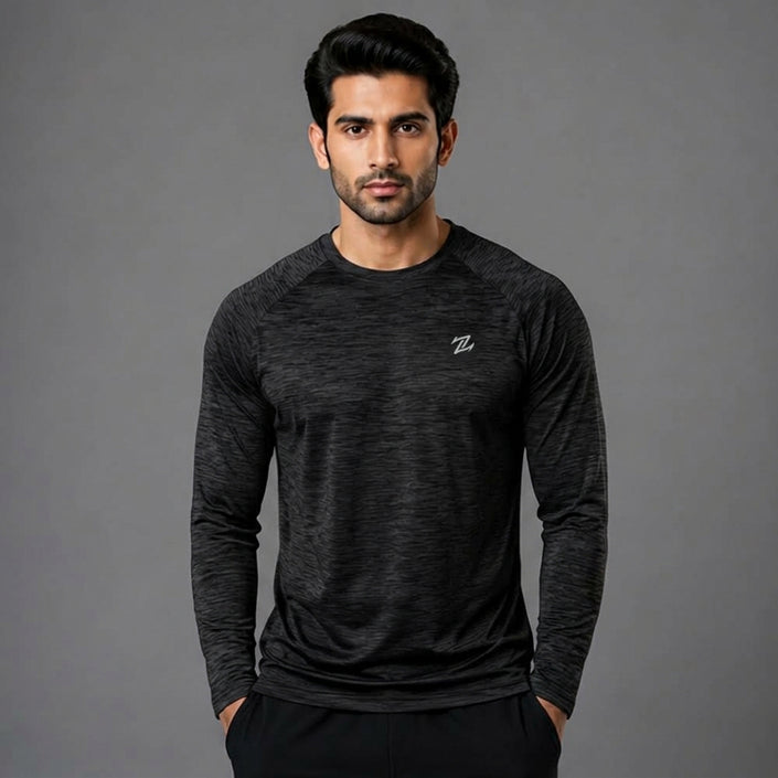 Men's full sleeves active tee by ZAKWEAR, black athletic shirt with moisture-wicking fabric, fitted athletic design.