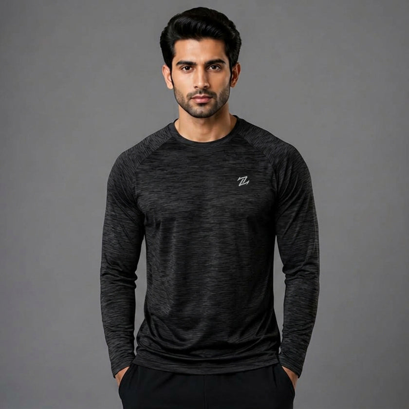 Men's full sleeves active tee by ZAKWEAR, black athletic shirt with moisture-wicking fabric, fitted athletic design.