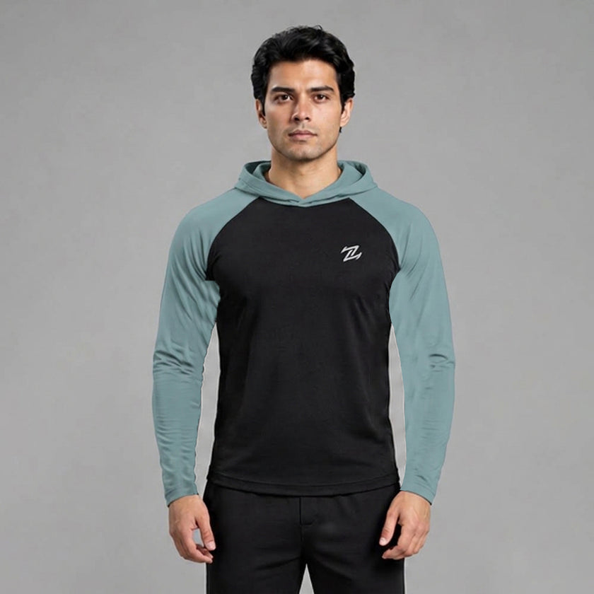 Men's full sleeves panelled hooded active tee