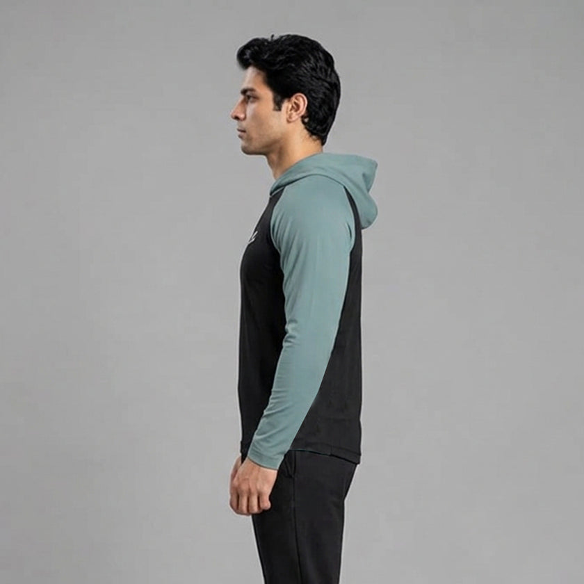 Men's full sleeves panelled hooded active tee