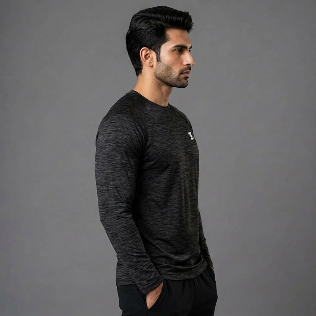 Men's full sleeve active tee by ZAKWEAR, black athletic shirt with moisture-wicking fabric and breathable design for workouts.