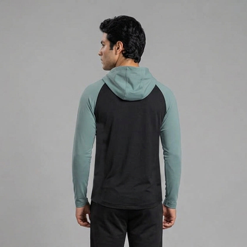 Men's full sleeves panelled hooded active tee