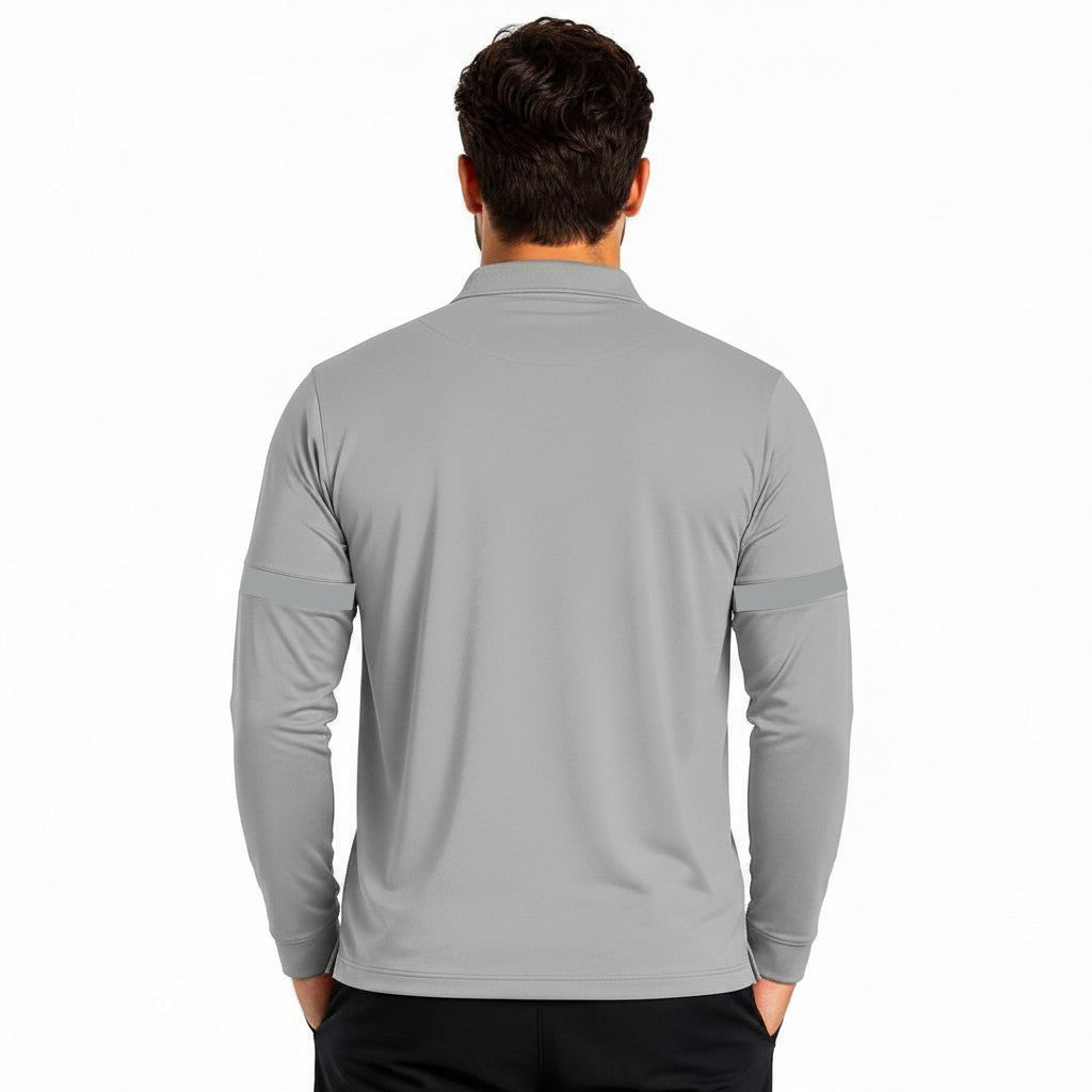 Men's classic full sleeves polo shirt by ZAKWEAR, navy blue with collar and button placket, displayed on a hanger.