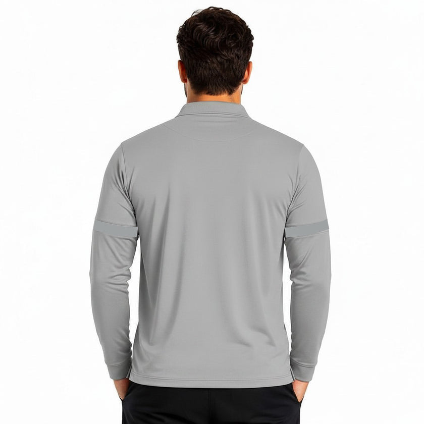 Men's classic full sleeves polo shirt by ZAKWEAR, navy blue with collar and button placket, displayed on a hanger.