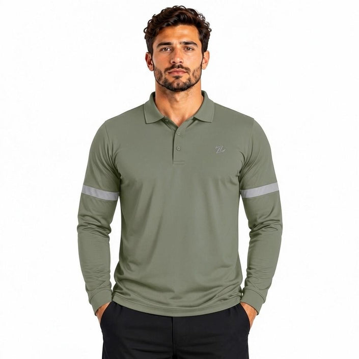 Men's classic ZAKWEAR full sleeve polo shirt in navy blue, showing a collared design with buttons and long sleeves.