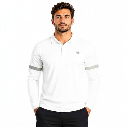 Men's classic full sleeves polo shirt by ZAKWEAR, navy blue with a collar and button placket, displayed on a hanger.