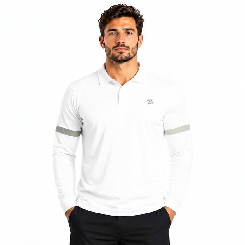 Men's classic full sleeves polo shirt by ZAKWEAR, navy blue with a collar and button placket, displayed on a hanger.