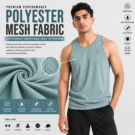 Men's pack of three ZAKWEAR tank tops for workout, gym, and everyday wear, shown in a casual indoor setting.