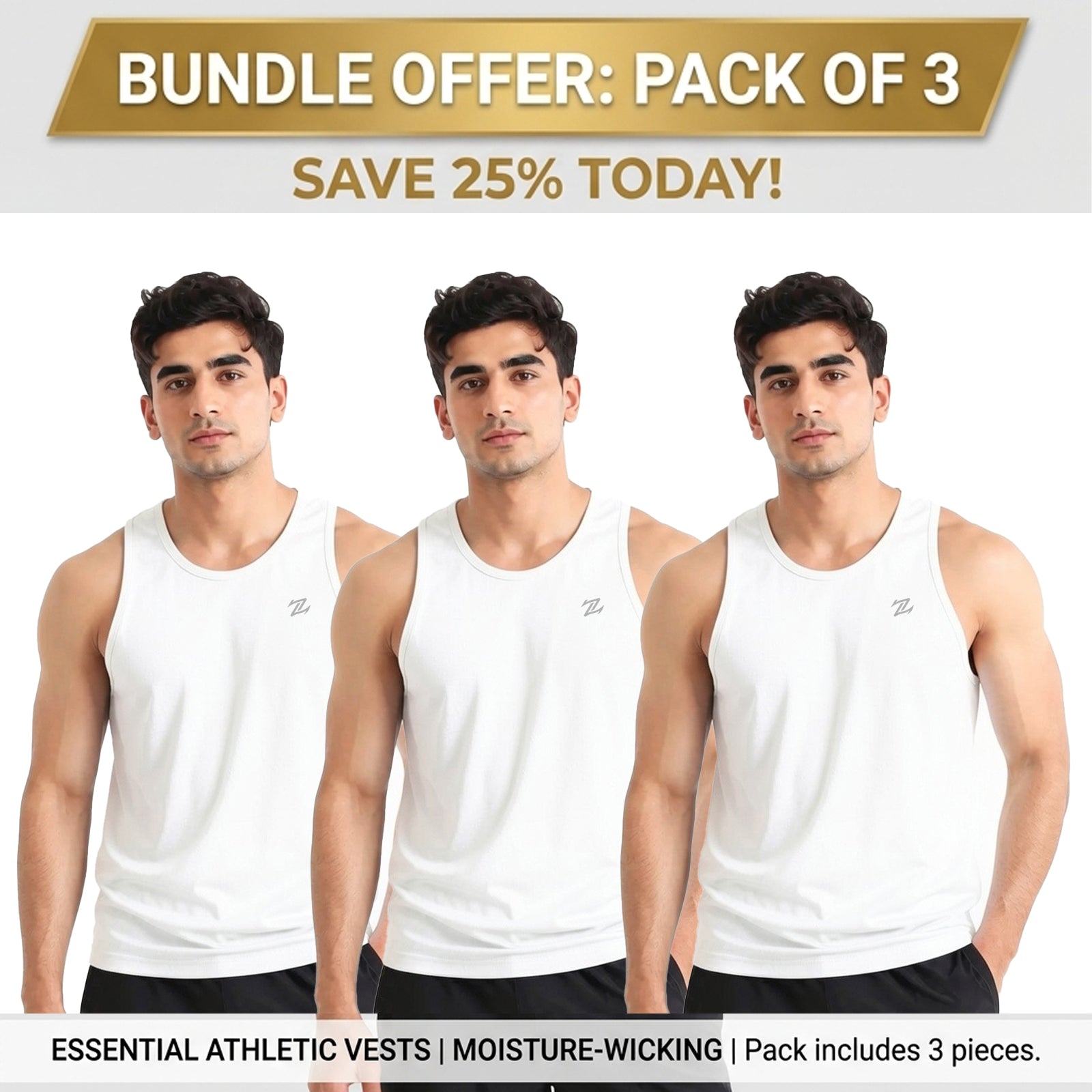 Men's ZAKWEAR pack of 3 workout tank tops, suitable for gym and everyday wear, displayed in a casual outdoor setting.