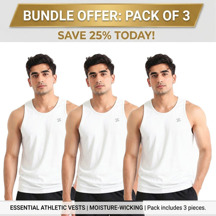 Men's ZAKWEAR pack of 3 workout tank tops, suitable for gym and everyday wear, displayed in a casual outdoor setting.