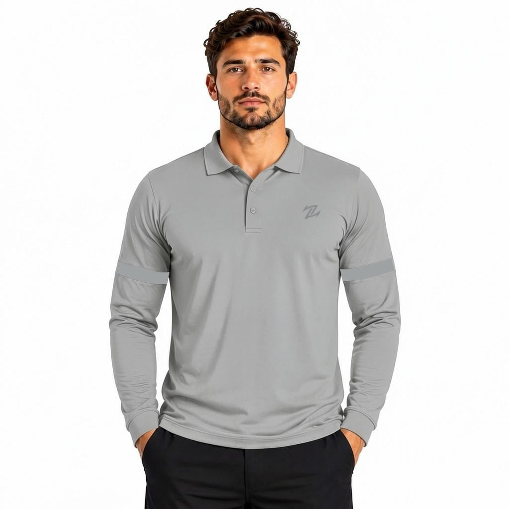 Men's classic full sleeves polo shirt by ZAKWEAR, navy blue with collar and button placket, displayed on a hanger.