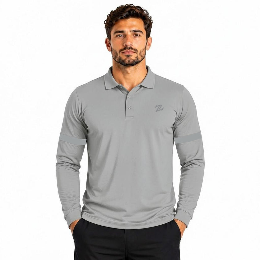 Men's classic full sleeves polo shirt by ZAKWEAR, navy blue with collar and button placket, displayed on a hanger.