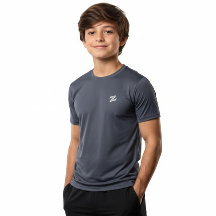 Kids quick-dry T-shirt by ZAKWEAR, shown on a child, made of lightweight, breathable fabric perfect for outdoor activities.