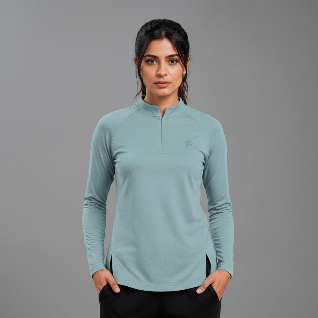 Women's full sleeves shirt by ZAKWEAR, featuring a casual fit with button-up front and soft fabric in a neutral color.