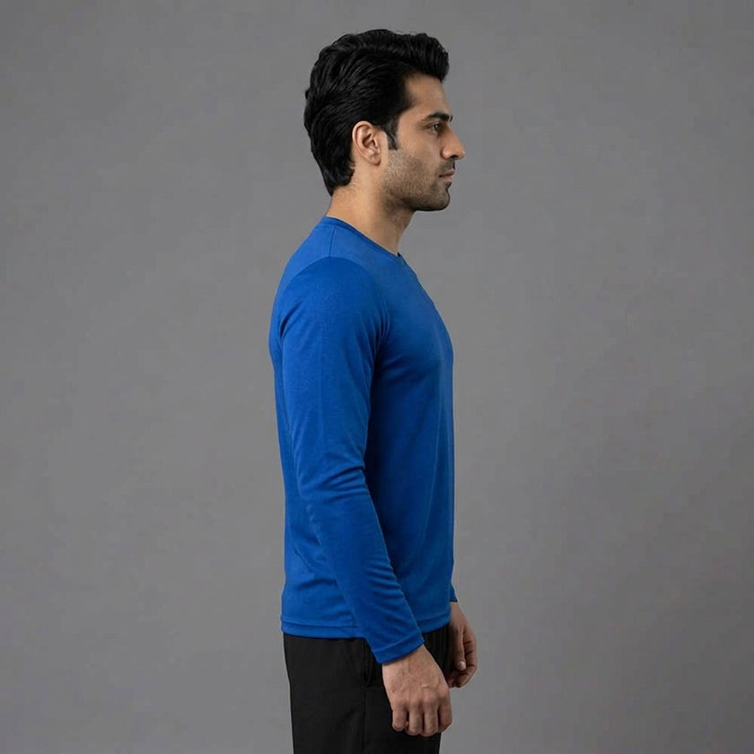 Men's ZAKWEAR full sleeves active tee, black athletic shirt with crew neck and fitted design, suitable for workout or casual wear.