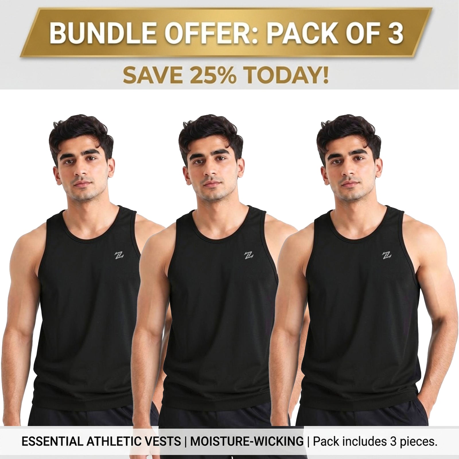 Men's ZAKWEAR pack of 3 tank tops for workout, gym wear, and everyday casual wear, shown in a layered style.