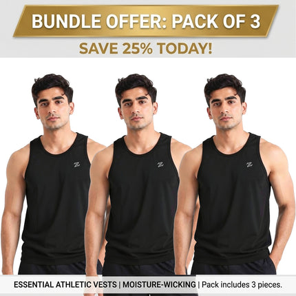 Men's ZAKWEAR pack of 3 tank tops for workout, gym wear, and everyday casual wear, shown in a layered style.