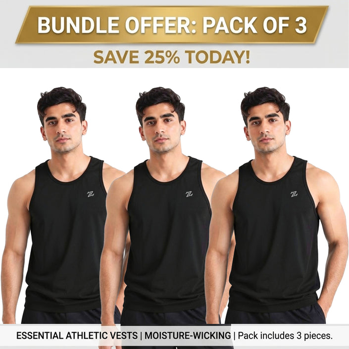 Men's ZAKWEAR pack of 3 tank tops for workout, gym wear, and everyday casual wear, shown in a layered style.