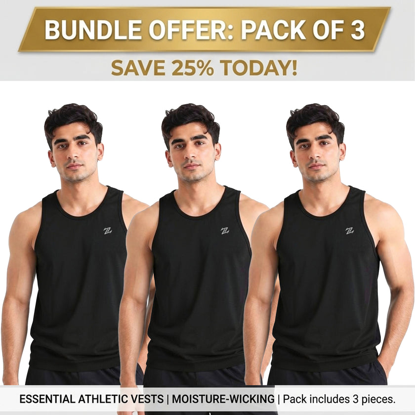 Men's ZAKWEAR pack of 3 tank tops for workout, gym wear, and everyday casual wear, shown in a layered style.
