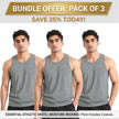 Set of three men's ZAKWEAR tank tops for workout, gym, and everyday wear, featuring sleeveless design in neutral colors.