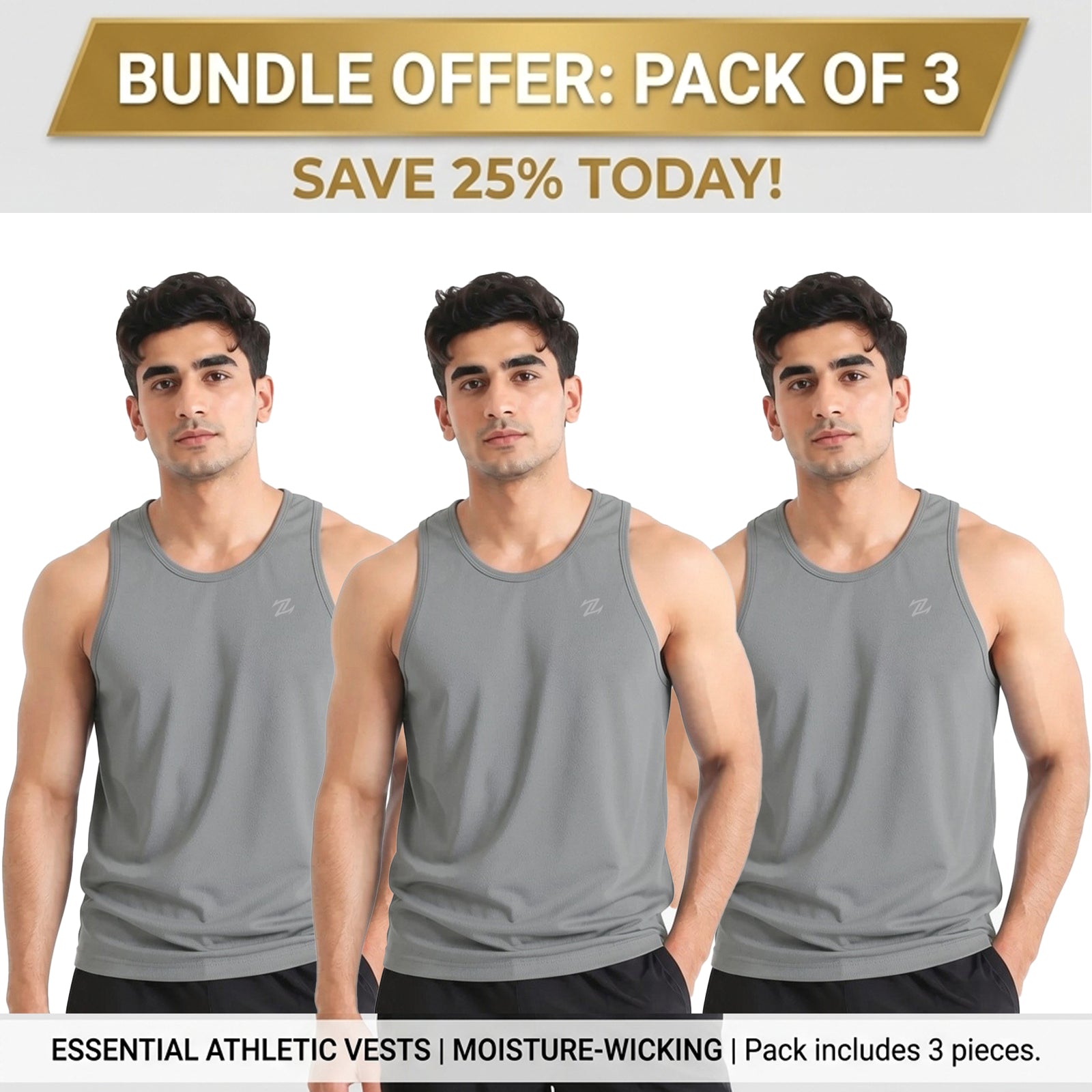 Set of three men's ZAKWEAR tank tops for workout, gym, and everyday wear, featuring sleeveless design in neutral colors.