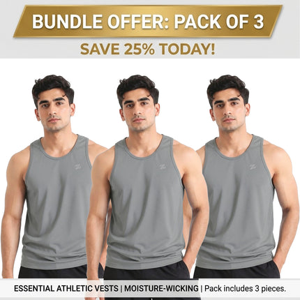 Set of three men's ZAKWEAR tank tops for workout, gym, and everyday wear, featuring sleeveless design in neutral colors.