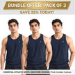 Set of three men's ZAKWEAR tank tops for workout, gym, and everyday wear, shown in black, gray, and navy on a plain background.