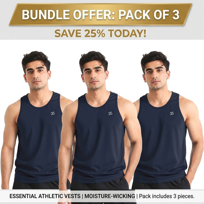 Set of three men's ZAKWEAR tank tops for workout, gym, and everyday wear, shown in black, gray, and navy on a plain background.