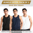 Set of three men's workout tank tops by ZAKWEAR, casual gym and everyday wear in various colors, soft and breathable fabric.
