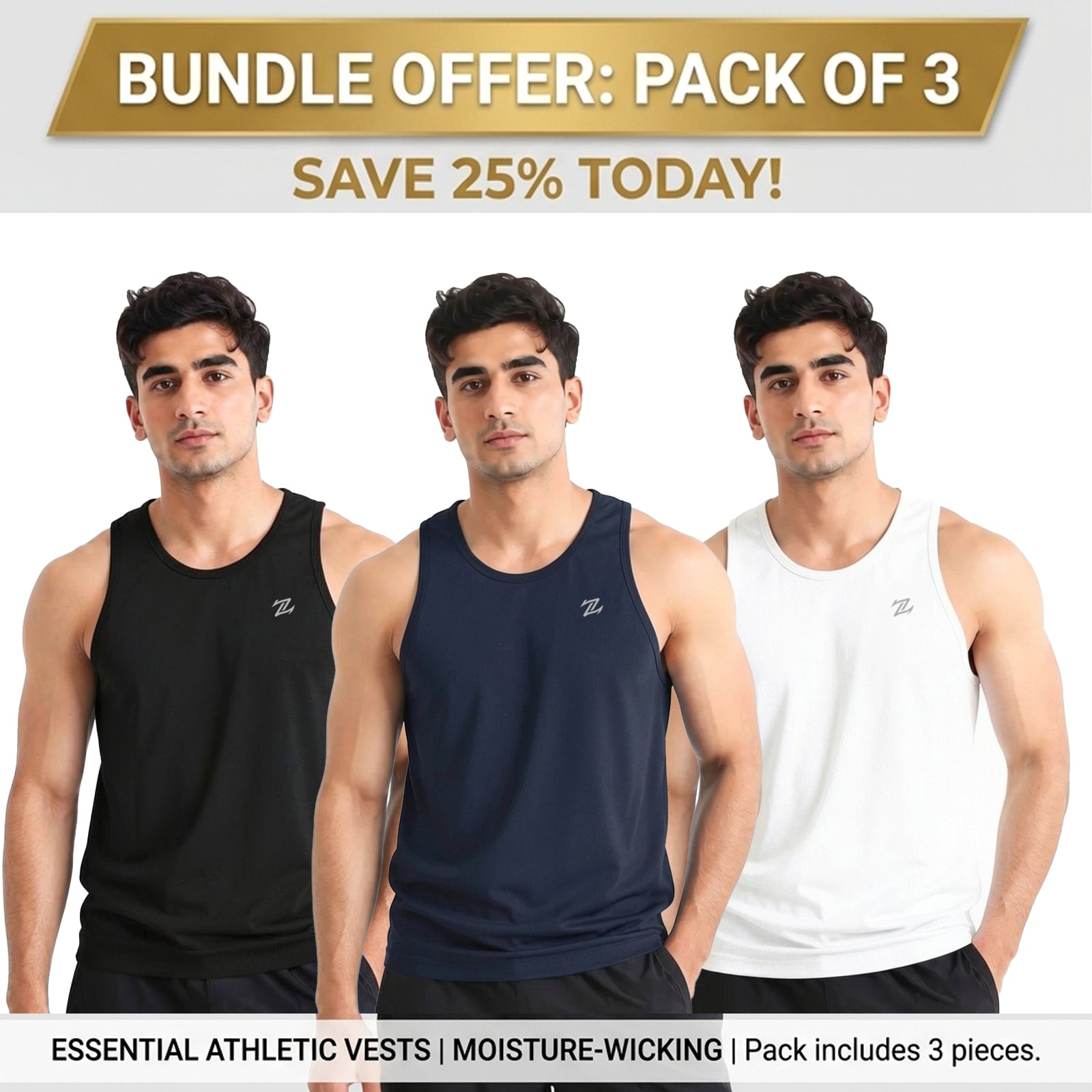 Set of three men's workout tank tops by ZAKWEAR, casual gym and everyday wear in various colors, soft and breathable fabric.