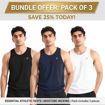 Set of three men's workout tank tops by ZAKWEAR, casual gym and everyday wear in various colors, soft and breathable fabric.