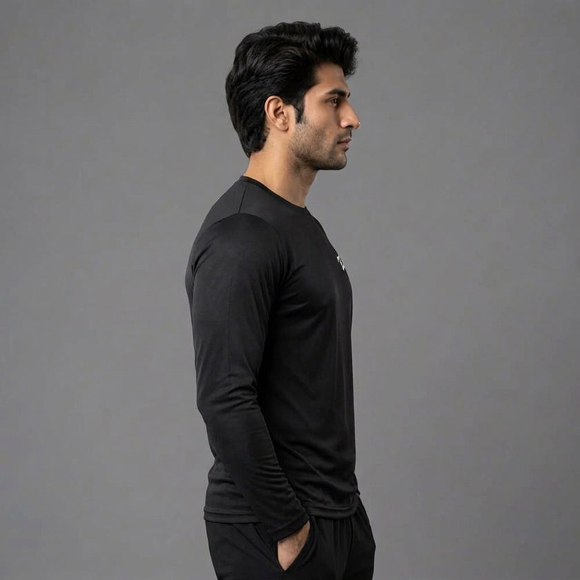 Men's full sleeves active tee by ZAKWEAR, shown in black with a fitted athletic design and crew neckline.