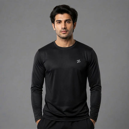 Men's ZAKWEAR full sleeves active tee, black athletic long-sleeve shirt with breathable fabric and sporty fit, ideal for workouts.