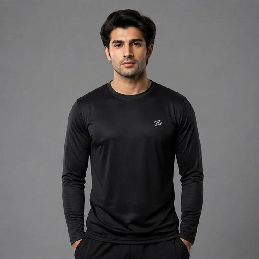 Men's ZAKWEAR full sleeves active tee, black athletic long-sleeve shirt with breathable fabric and sporty fit, ideal for workouts.