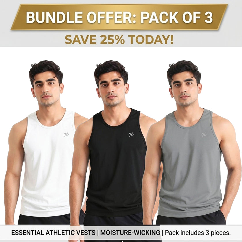 Pack of three ZAKWEAR men's workout tank tops, suitable for gym, exercise, and everyday casual wear.