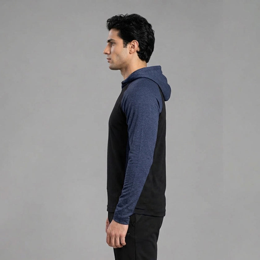 Men's full sleeves panelled hooded active tee