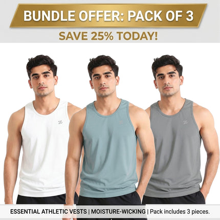 Men's ZAKWEAR pack of 3 tank tops for workout, gym wear, and everyday casual wear, shown in various colors on a plain background.