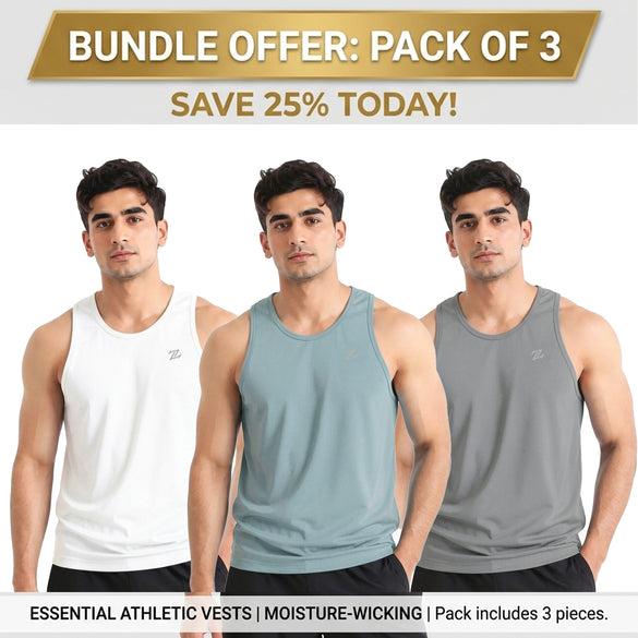 Men's ZAKWEAR pack of 3 tank tops for workout, gym wear, and everyday casual wear, shown in various colors on a plain background.