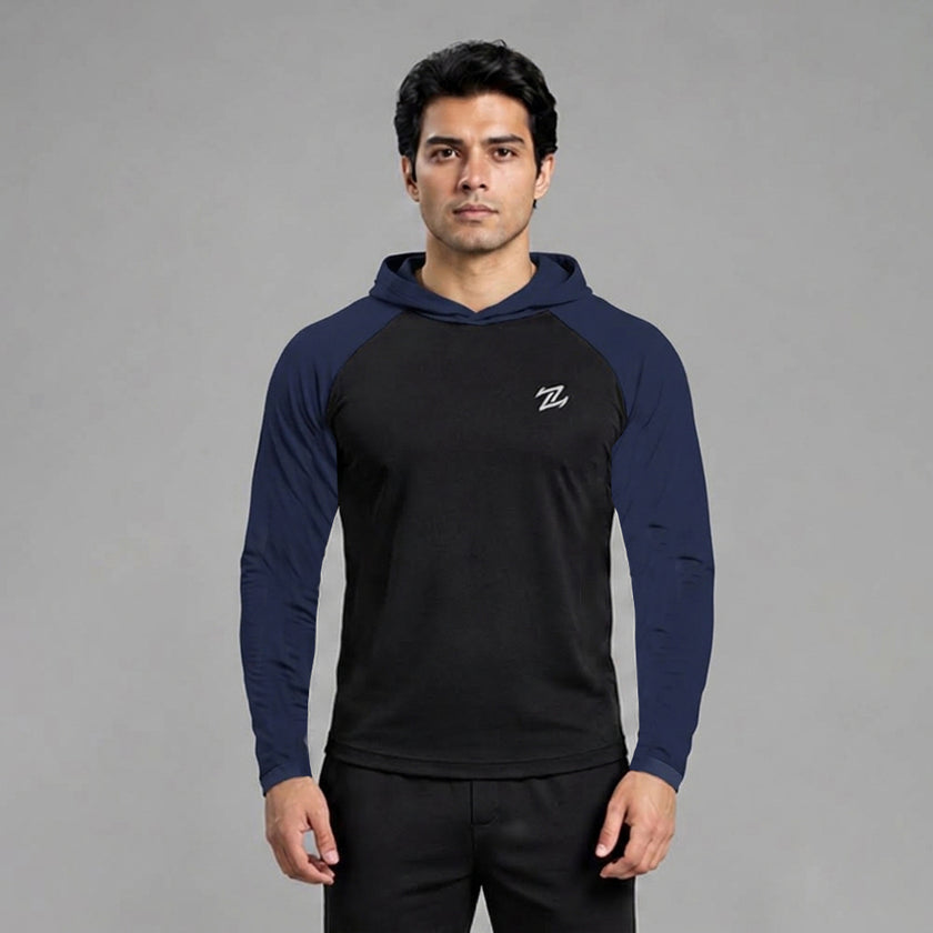Men's full sleeves panelled hooded active tee