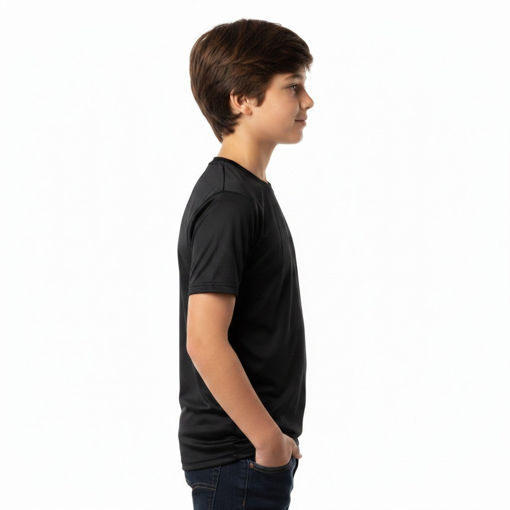 Kids quick-dry T-shirt by ZAKWEAR, shown on a child, featuring lightweight, breathable fabric ideal for outdoor activities.