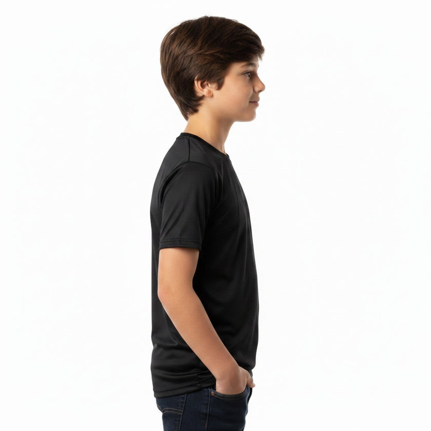 Kids quick-dry T-shirt by ZAKWEAR, shown on a child, featuring lightweight, breathable fabric ideal for outdoor activities.