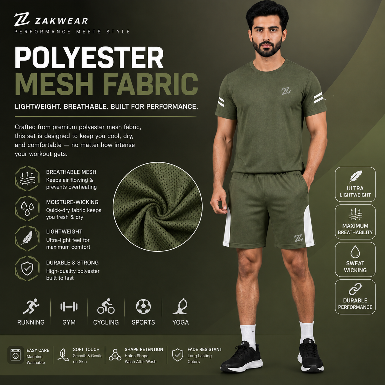Men's ZAKWEAR activewear T-shirt and shorts set, showcasing a comfortable athletic outfit with breathable fabric and sporty design.