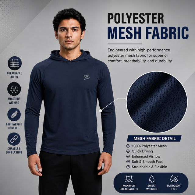 Men's full-sleeve hooded active tee by ZAKWEAR, shown in black with a hood and athletic fit, ideal for active wear.
