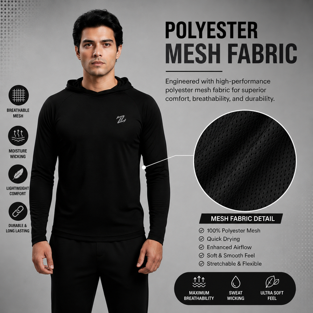 Men's full sleeves hooded active tee by ZAKWEAR, showcasing a comfortable, lightweight athletic shirt with a hood and long sleeves.