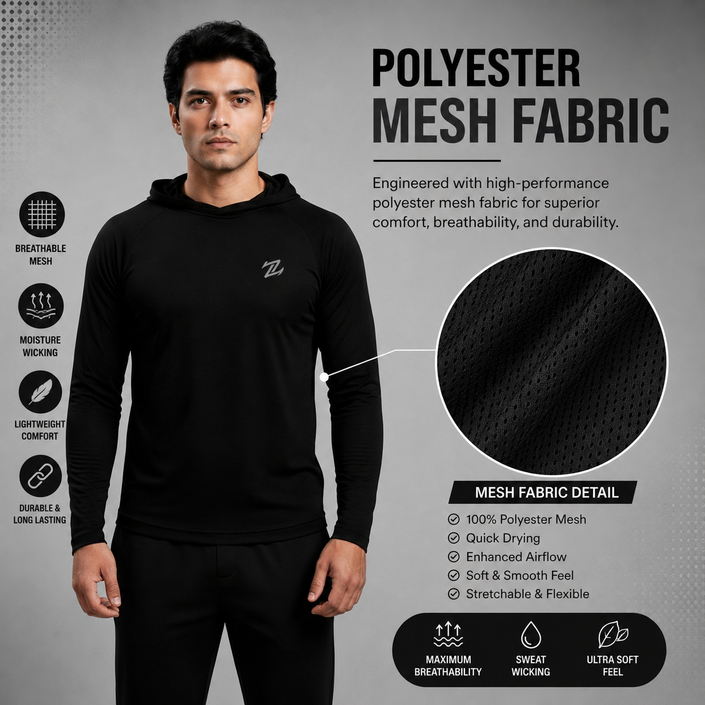 Men's full sleeves hooded active tee by ZAKWEAR, showcasing a comfortable, lightweight athletic shirt with a hood and long sleeves.