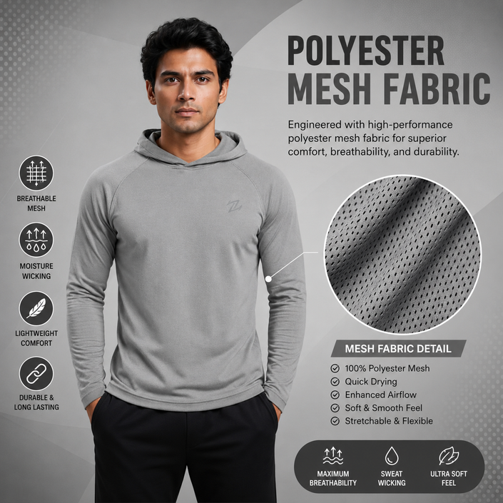 Men's full sleeve hooded active tee by ZAKWEAR, showing a lightweight black athletic shirt with a hood and long sleeves.