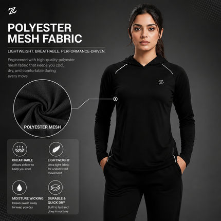 Women's full-sleeves hooded shirt with reflective strips by ZAKWEAR, shown in a casual fit with reflective detailing on the front.
