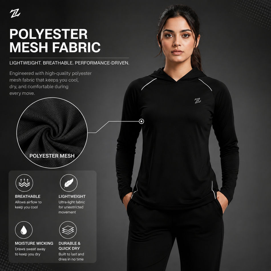 Women's full-sleeves hooded shirt with reflective strips by ZAKWEAR, shown in a casual fit with reflective detailing on the front.
