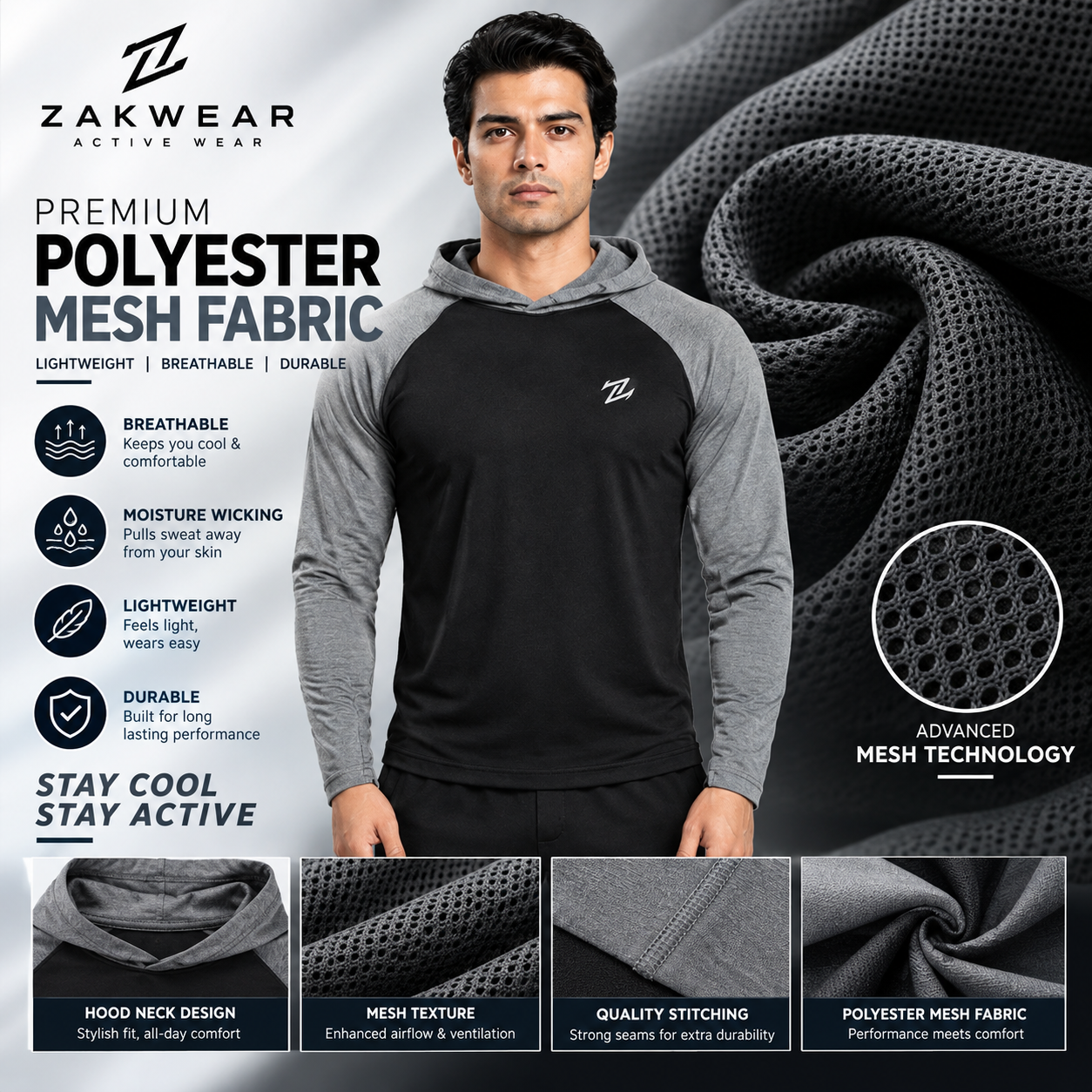 Men's full sleeves panelled hooded active tee